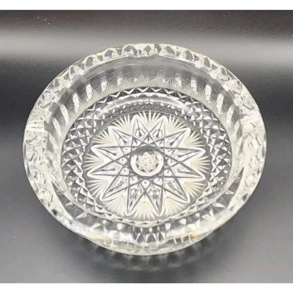 Vintage Cut Crystal Ashtray Starburst Pattern Heavy Clear Glass Trinket Dish